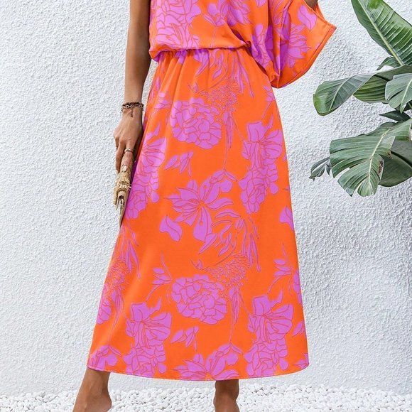 Multicolor Boho WomensFloral Print One Shoulder Batwing Sleeve Split Thigh Dress - Picture 3 of 5